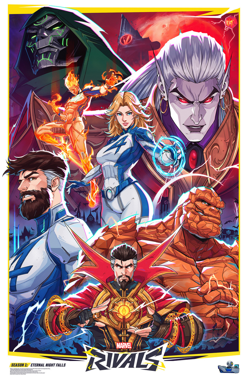 1girl, 6+boys, beard, ben_grimm, blonde_hair, blue_bodysuit, blue_eyes, bodysuit