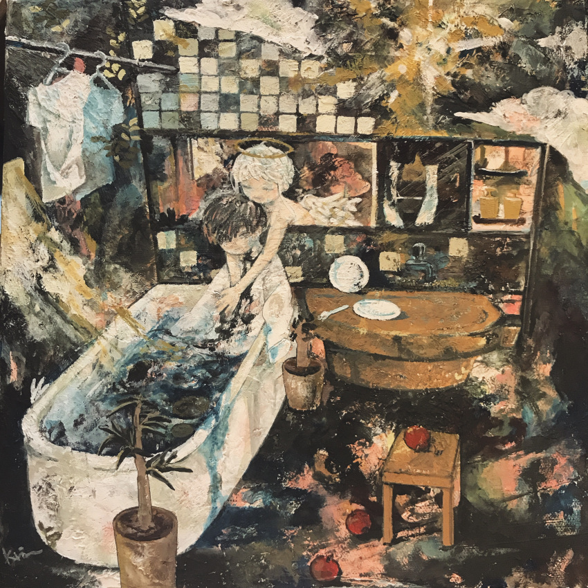 1boy, 1girl, 1other, absurdres, angel, apple, bare_shoulders, bathroom