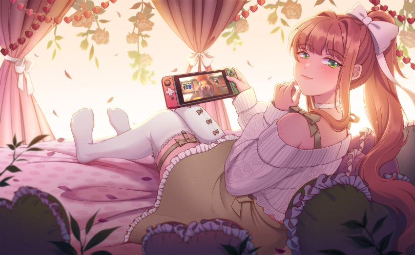 1girl, armpit_crease, asymmetrical_legwear, bed_sheet, blush, bow, brown_hair, choker, curtains, doki_doki_literature_club, dot_nose, dress_bow, english_commentary, eyelashes, falling_petals, flower, frilled_pillow, frilled_skirt, frills, garland_(decoration), green_bow, green_eyes, green_ribbon, green_skirt, hair_intakes, hair_ribbon, hand_on_own_face, handheld_game_console, heart, heart-shaped_pillow, high_ponytail, highres, holding, holding_handheld_game_console, legwear_garter, light_smile, long_hair, long_sleeves, looking_back, midriff_peek, mismatched_legwear, monika_(doki_doki_literature_club), nintendo_switch, off-shoulder_sweater, off_shoulder, official_art, on_bed, petals, pillow, ponytail, puffy_long_sleeves, puffy_sleeves, red_flower, red_rose, ribbed_sweater, ribbon, rose, rose_petals, second-party_source, shadow, shoulder_strap, sidelocks, single_legwear_garter, sitting, skirt, solo, sweater, thigh-highs, uneven_legwear, white_choker, white_ribbon, white_sweater, white_thighhighs, yinyuszi