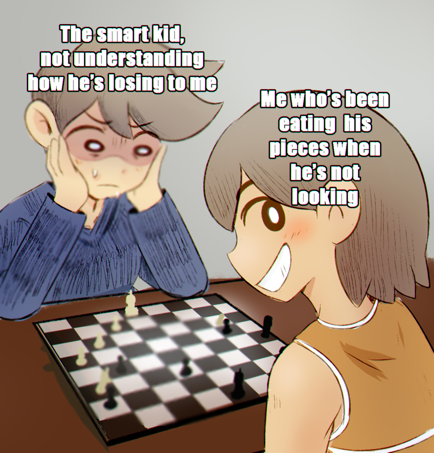 2boys, black_eyes, blue_sweater, blush, bright_pupils, brother_and_sister, brown_hair, chess_piece