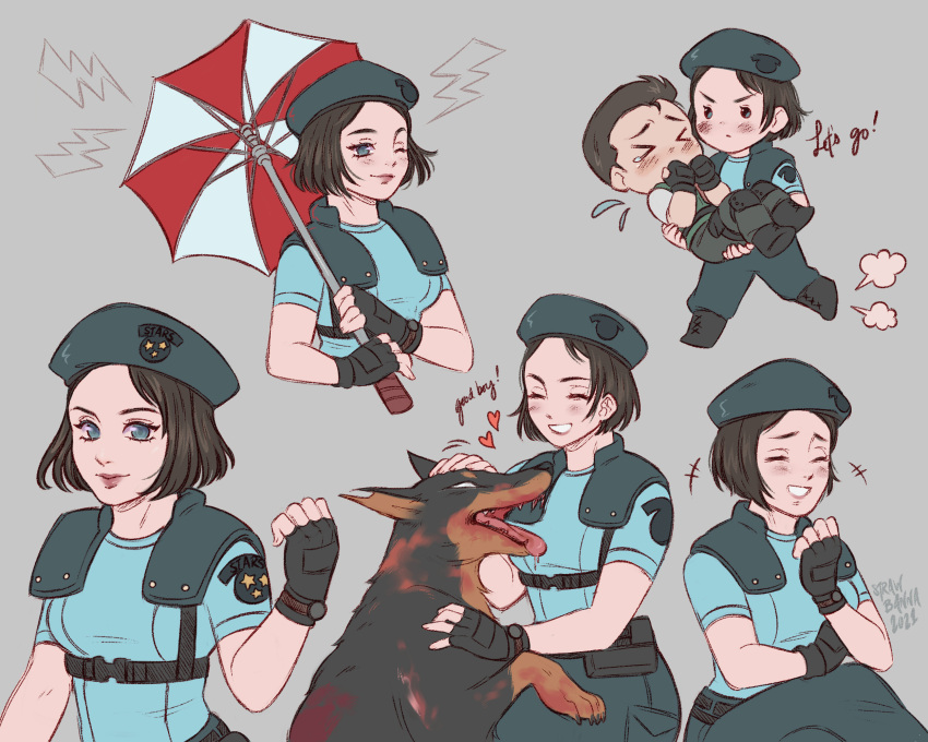 1boy, 1girl, artist_name, beret, black_gloves, blood, blue_eyes, blue_hat