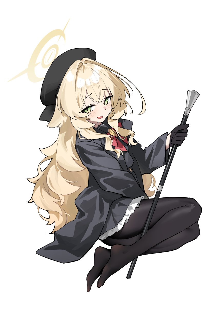 1girl, :d, absurdres, beret, black_gloves, black_hat, black_jacket, black_pantyhose