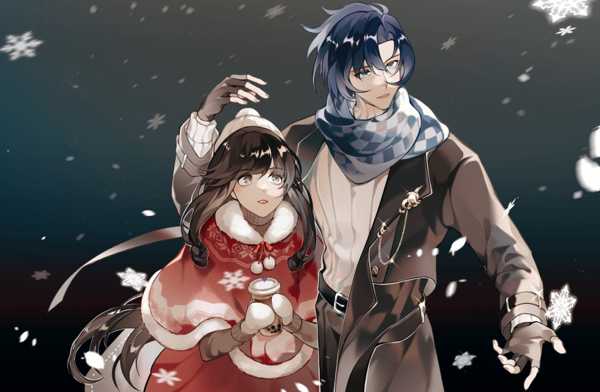 1boy, 1girl, beanie, belt, belt_buckle, black_background, black_belt, black_coat