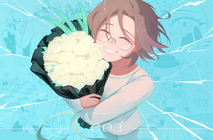 6+boys, 6+girls, ^_^, absurdres, aotsuki_eito, blue_background, bouquet, brown_hair