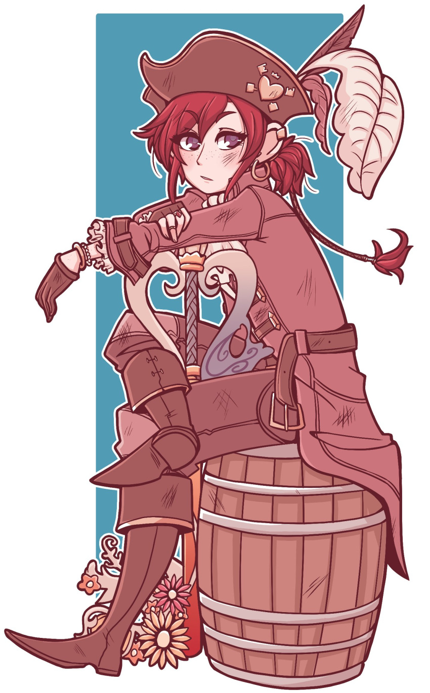 alternate_costume, barrel, belt, black_gloves, blush, boots, brown_belt, brown_boots