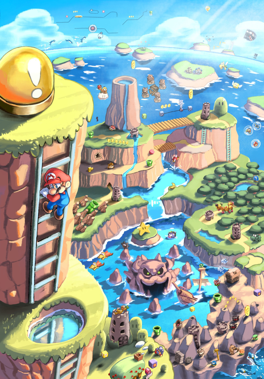 1boy, ?_block, banzai_bill, blue_overalls, blue_sky, bridge, brown_hair, brown_shoes