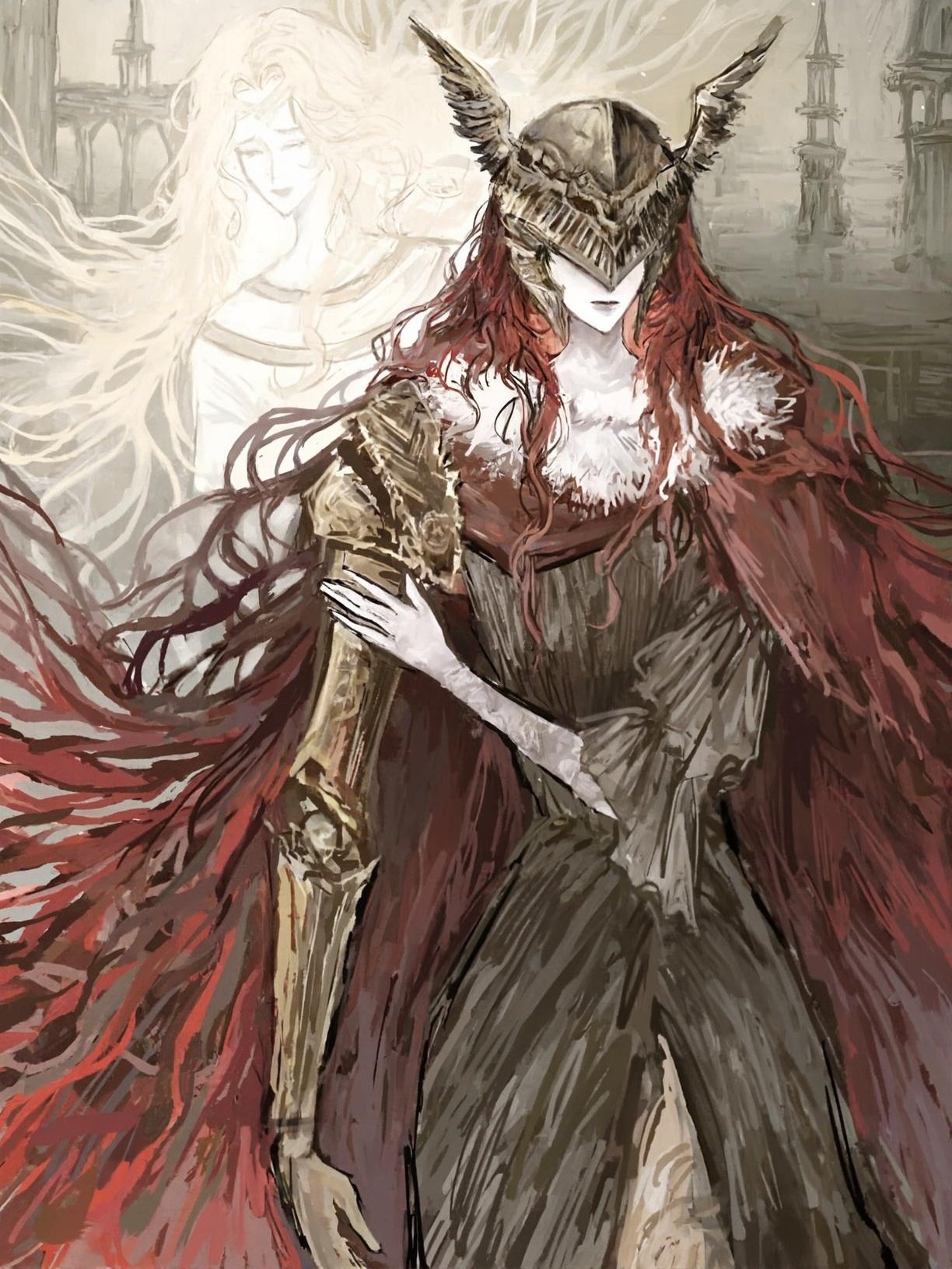 1boy, 1girl, arch, architecture, armor, blonde_hair, brother_and_sister, brown_dress