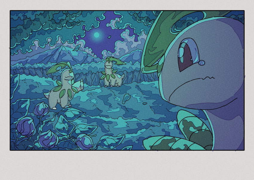 bayleef, closed_mouth, clouds, commentary, full_moon, highres, leaf, moon