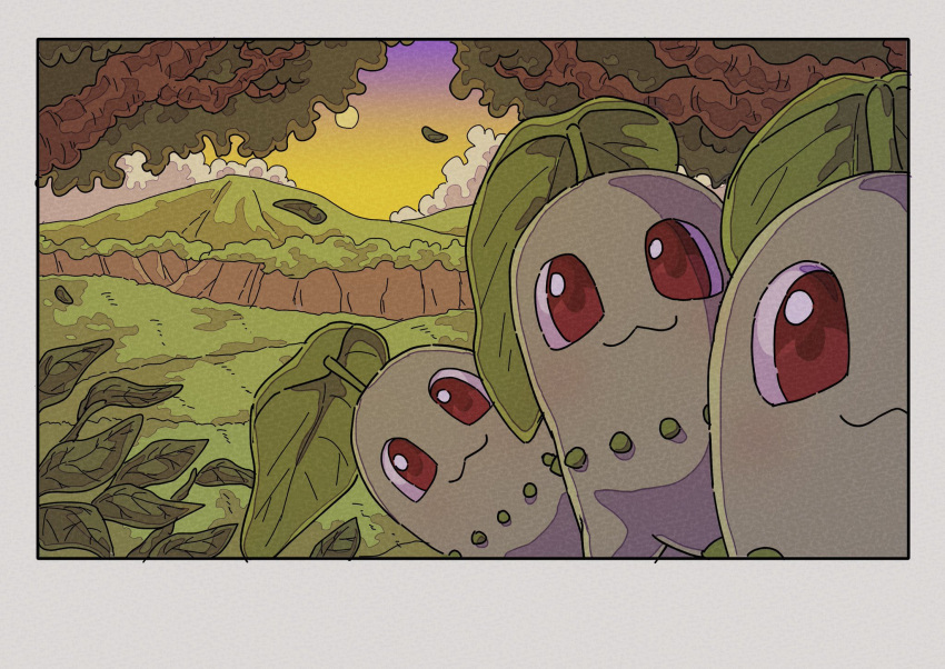 :3, chikorita, closed_mouth, clouds, commentary, highres, leaf, looking_at_viewer
