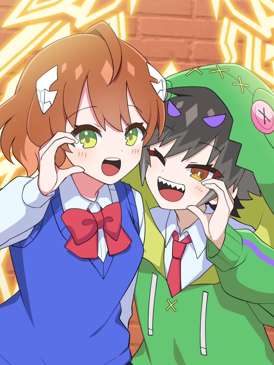 2girls, animal_hood, anime_coloring, anno_akira, artist_request, black_hair, blue_sweater_vest, bow
