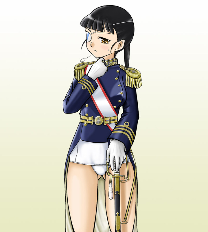black_hair, blush, breath, epaulettes, eyepatch, gloves, long_hair, military, military_uniform, ponytail, sakamoto_mio, sayu_(mio-mosa), scabbard, sheath, solo, strike_witches, sweatdrop, swimsuit, swimsuit_under_clothes, sword, uniform, weapon, white_swimsuit