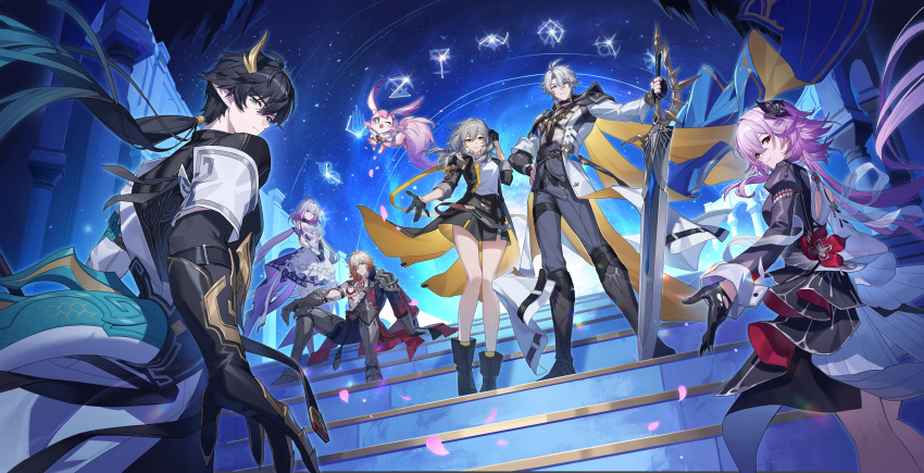 3boys, 3girls, absurdres, arm_tattoo, armor, black_dress, black_gloves, black_hair