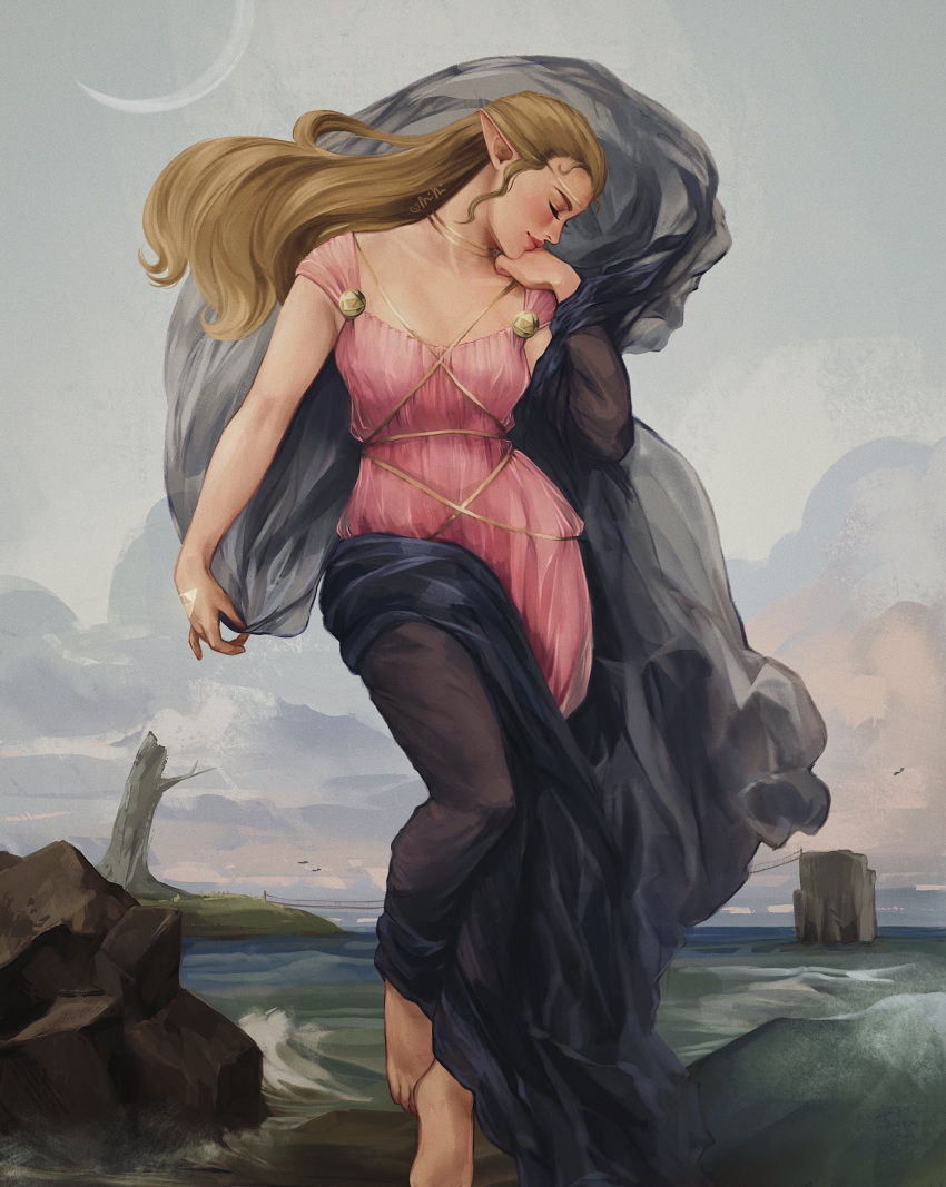 1girl, barefoot, black_cloak, blonde_hair, brown_hair, cloak, closed_eyes, closed_mouth