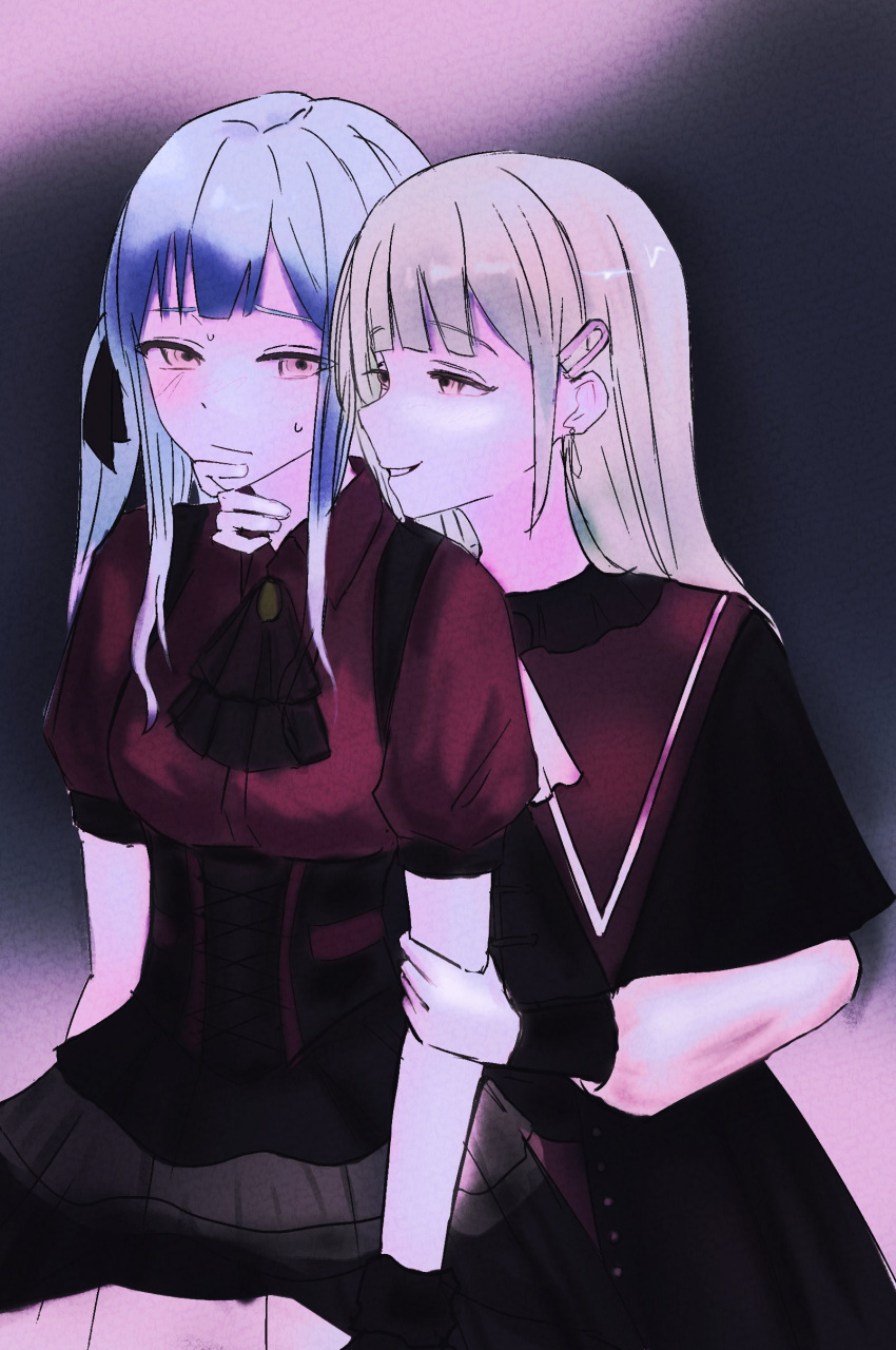 2girls, absurdres, bang_dream!, bang_dream!_it's_mygo!!!!!, black_capelet, black_corset, blue_hair, capelet