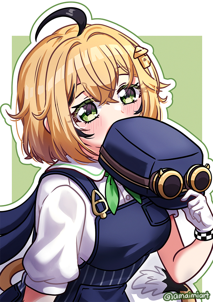 1girl, ahoge, amaimi, black_streaks, blonde_hair, blue_hat, blue_overalls, blush