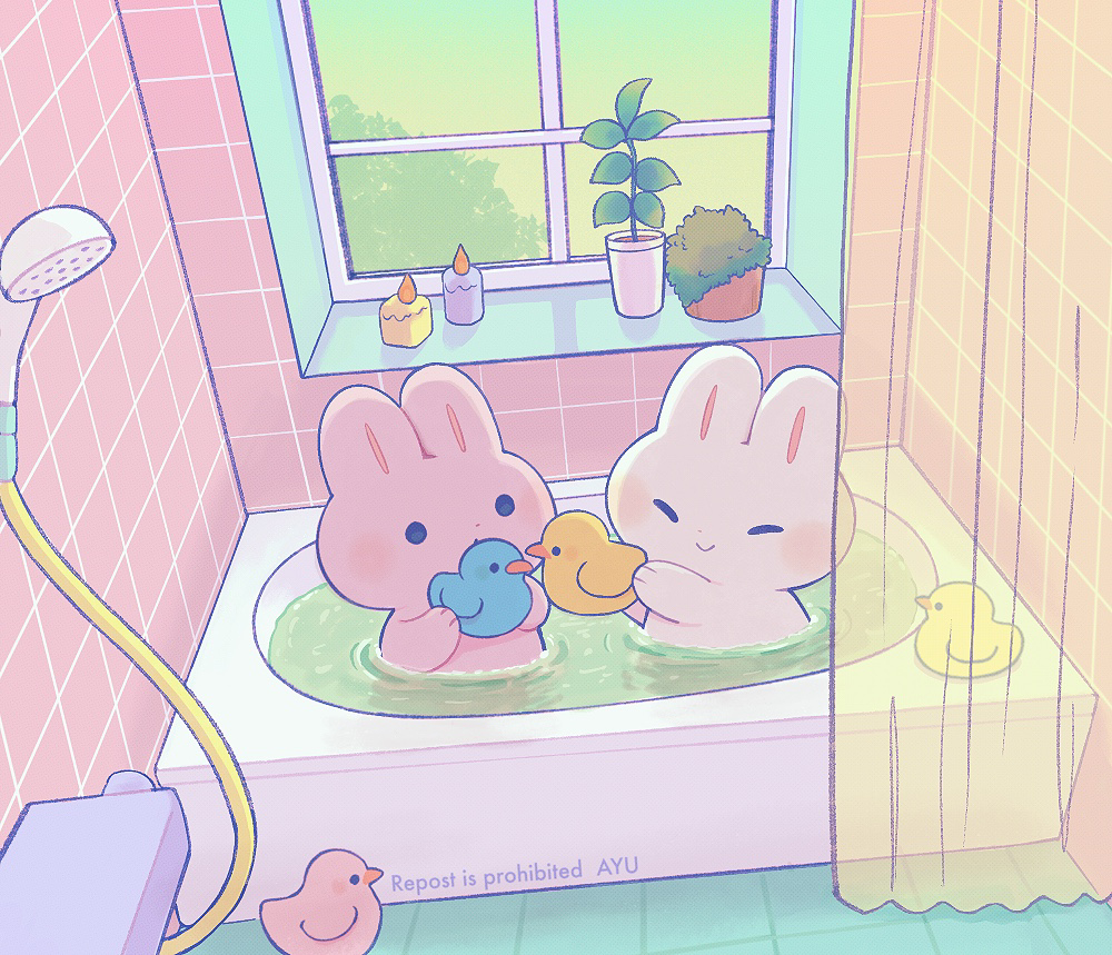 animal, animal_focus, artist_name, ayu_(mog), bathing, bathtub, candle, closed_eyes