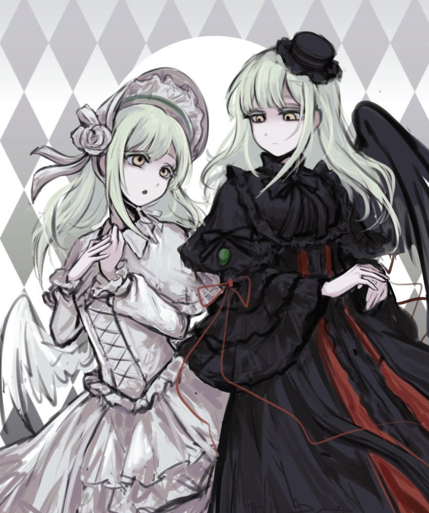 2girls, bang_dream!, bang_dream!_it's_mygo!!!!!, black_dress, black_hat, black_wings, bonnet, closed_mouth