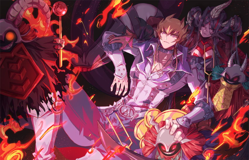 1boy, 1girl, belt, black_hair, blonde_hair, character_request, closed_mouth, crimson_resonator