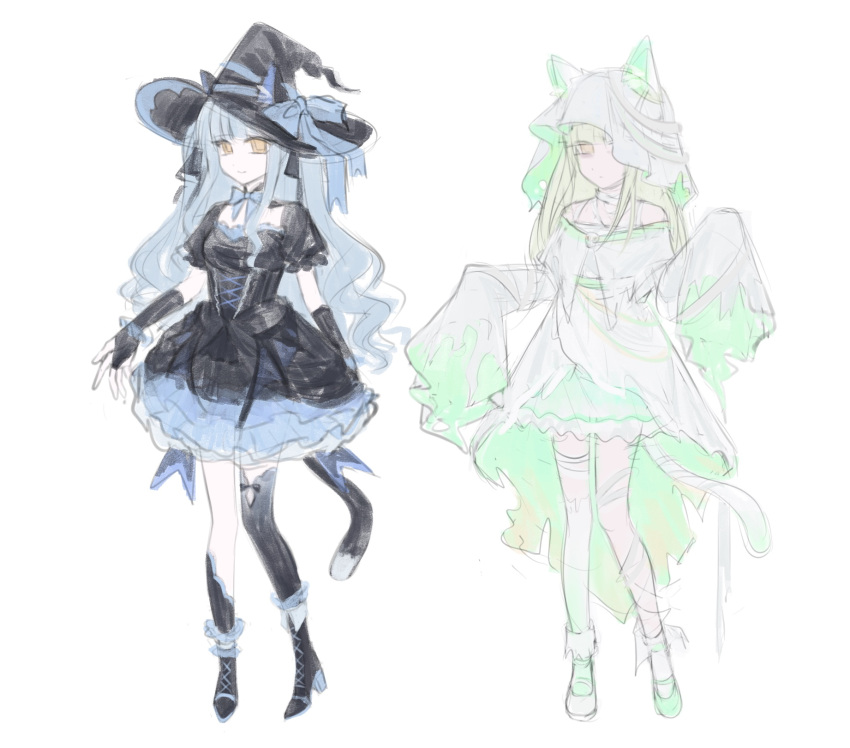 2girls, animal_ears, bang_dream!, bang_dream!_it's_mygo!!!!!, baseball_cap, black_boots, black_hat, black_thighhighs