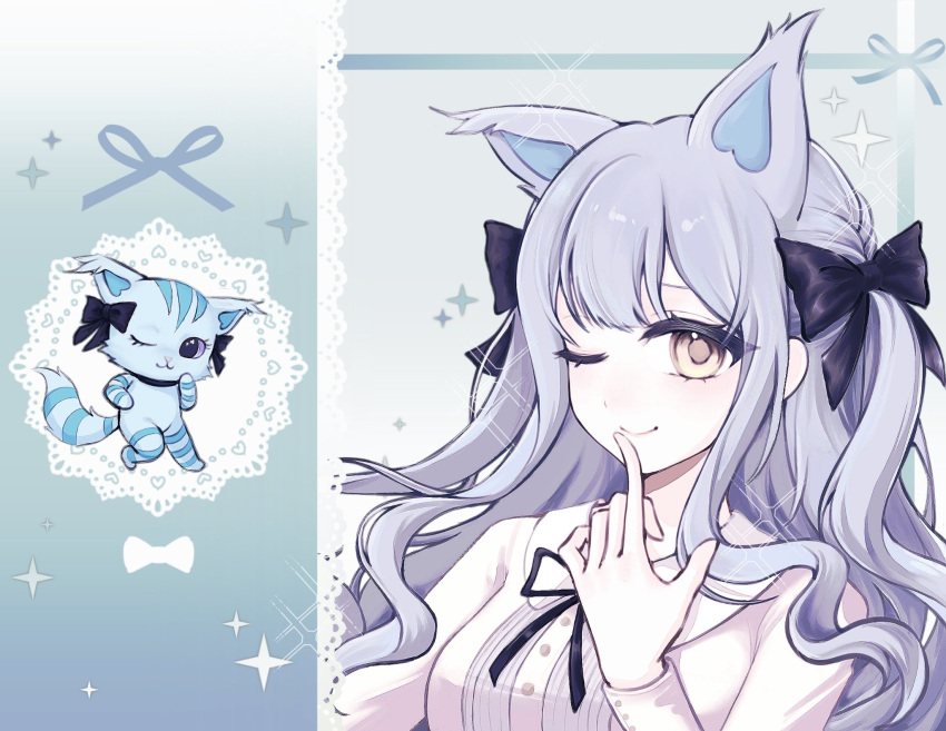 1girl, animal_ears, bang_dream!, bang_dream!_it's_mygo!!!!!, beatcats, black_bow, blue_hair, bow