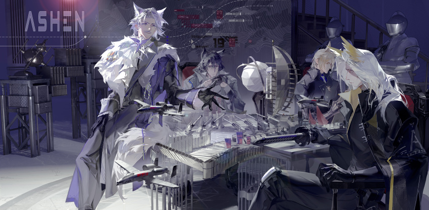4boys, absurdres, aiguillette, animal_ears, arknights, armchair, armor, armor_stand, beard_stubble, black_boots, black_cape, black_coat, black_gloves, black_hair, black_pants, black_shirt, blonde_hair, blue_shirt, boots, bow, bowtie, cape, cat_boy, cat_ears, chair, chinese_commentary, closed_mouth, coat, collared_shirt, curtained_hair, elbow_rest, expressionless, extra_ears, facial_hair, feet_out_of_frame, flamenlynn, fox_boy, fox_ears, frilled_shirt_collar, frills, full_armor, fur-trimmed_coat, fur_scarf, fur_trim, gauntlets, gloves, goatee, grey_coat, grey_eyes, grey_pants, hair_between_eyes, half_gloves, harold_(arknights), head_wings, hellagur_(arknights), highres, holding, holding_newspaper, holding_sword, holding_weapon, horse_boy, horse_ears, indoors, lapels, leaning_on_table, long_hair, long_sleeves, looking_at_another, male_focus, map_(object), mature_male, medal, mlynar_(arknights), model_airplane, model_building, mole, mole_under_eye, multiple_boys, mustache, necktie, newspaper, notched_lapels, nowell_(arknights), old, old_man, open_hand, own_hands_together, pants, parted_bangs, parted_lips, popped_collar, profile, purple_bow, purple_bowtie, reading, serious, sheath, sheathed, shirt, short_hair, sitting, sleeve_cuffs, smile, stairs, standing, stubble, sword, table, war_strategy_table, weapon, white_hair, white_necktie, white_shirt, wings, wrinkled_skin, yellow_eyes