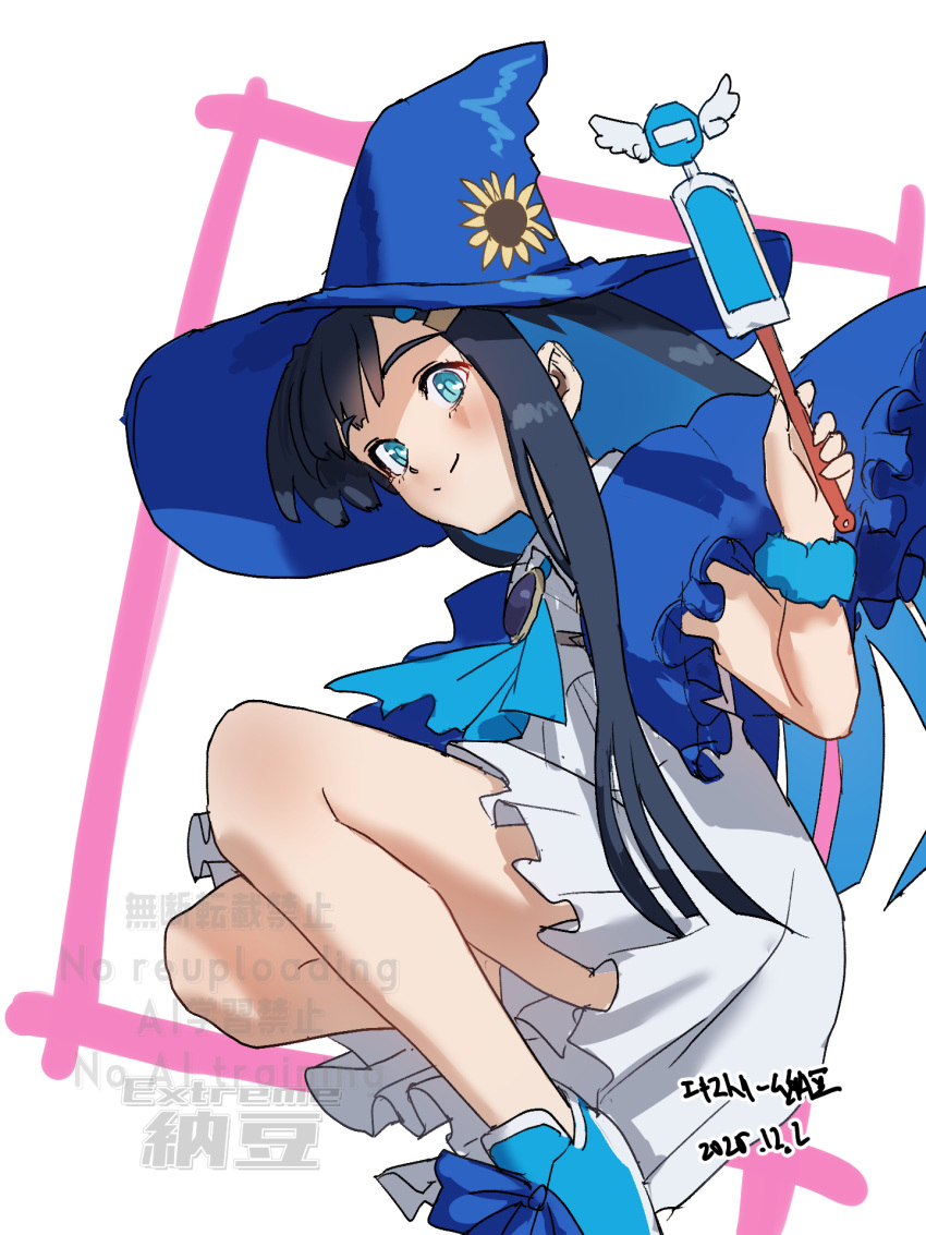 1girl, artist_name, black_hair, blue_capelet, blue_eyes, blue_hat, blue_ribbon, blue_scrunchie