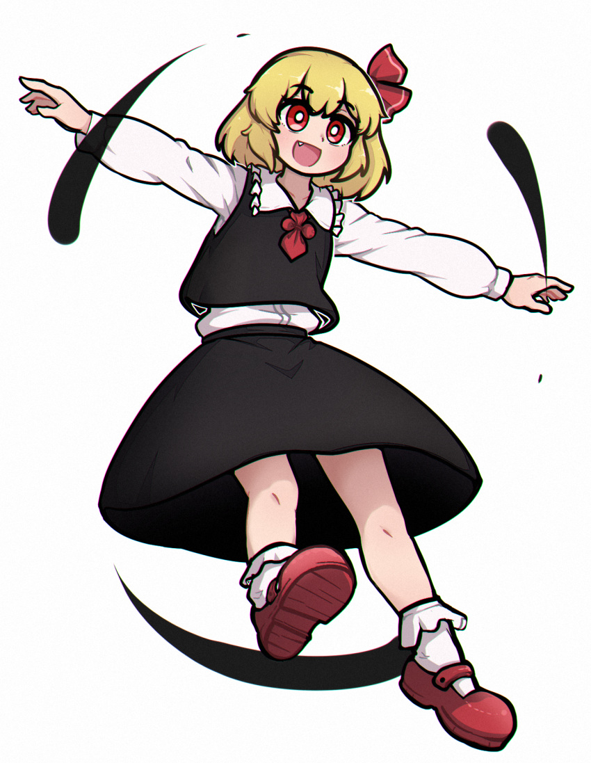 1girl, ankle_socks, ascot, black_vest, blonde_hair, blush, commentary_request, dagger131134_(kama_astor), darkness, fang, hair_between_eyes, hair_ribbon, highres, long_sleeves, open_mouth, outstretched_arms, red_ascot, red_eyes, red_ribbon, red_shoes, ribbon, rumia, shoes, short_hair, simple_background, skirt, skirt_set, sleeveless, smile, socks, solo, spread_arms, touhou, vest, white_background, white_socks