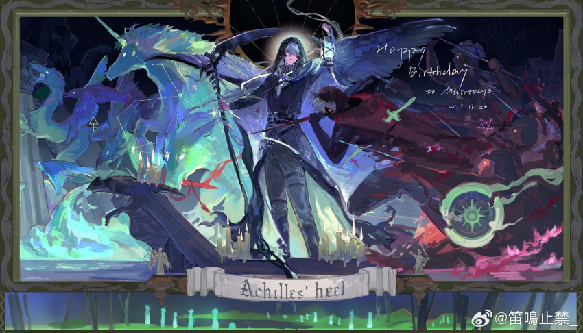 2boys, army, bird, black_boots, black_cape, black_coat, black_hair, black_pants, blank_eyes, blood, blood_from_eyes, blue_cape, boat, boots, border, borrowed_character, branch, candle, cape, chinese_commentary, coat, commentary_request, constellation, dragon, dual_persona, expressionless, eyes_in_shadow, feet_out_of_frame, fighting_stance, final_fantasy, final_fantasy_xiv, fire, greek_mythology, grey_eyes, hair_between_eyes, hand_up, happy_birthday, helm, helmet, heterochromia, highres, holding, holding_lantern, holding_polearm, holding_scythe, holding_sword, holding_weapon, hood, hood_up, hooded_cape, hyur, lantern, long_sleeves, looking_at_viewer, male_focus, mouth_hold, multicolored_hair, multiple_boys, murrtecys_ansuz, nohonkingplz, on_boat, original, ornate_border, pants, parted_lips, picture_frame, pillar, polearm, red_cape, running, scythe, shirt, short_hair, standing, sun_symbol, sword, the_song_of_achilles, thigh_strap, turtleneck, turtleneck_shirt, two-sided_cape, two-sided_fabric, two-tone_hair, unicorn, warrior_of_light_(ff14), water, watercraft, watermark, weapon, weibo_watermark, wheel, white_hair, wolf, yellow_eyes