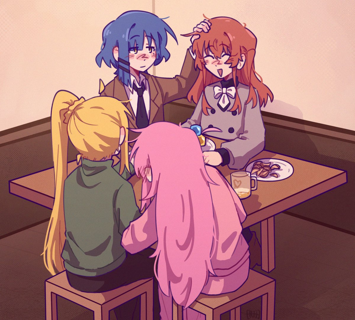 ahoge, black_necktie, blonde_hair, blue_hair, bocchi_the_rock!, bow, bowtie, brown_coat