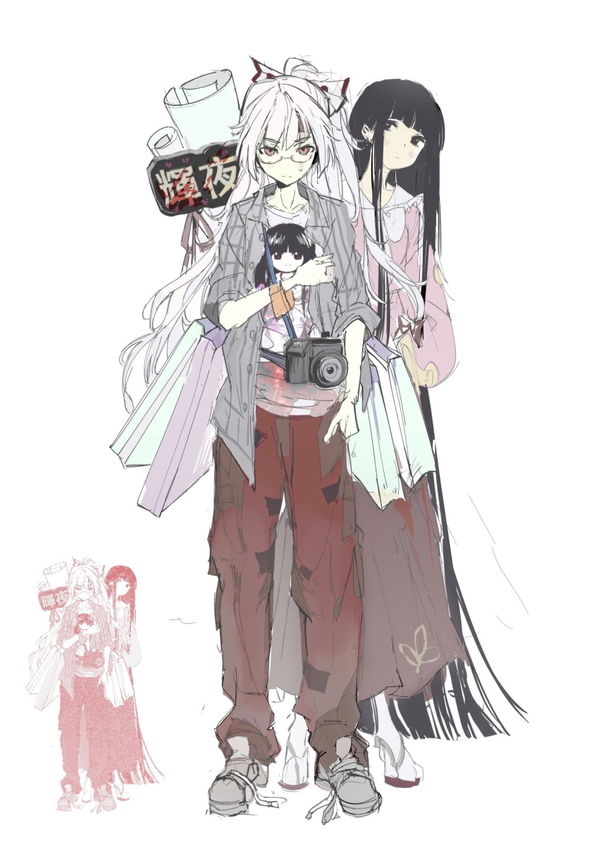 2girls, absurdres, adapted_costume, bamboo_print, black_hair, blush, bow, buttons