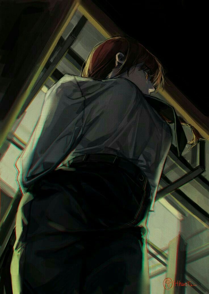 arms_behind_back, backlighting, black_necktie, black_pants, breasts, chainsaw_man, covered_mouth, from_below