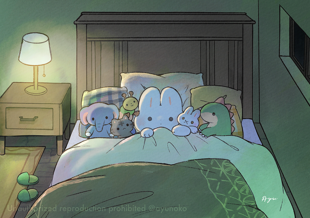 animal_focus, artist_name, ayu_(mog), bed, bedroom, black_eyes, closed_mouth, commentary