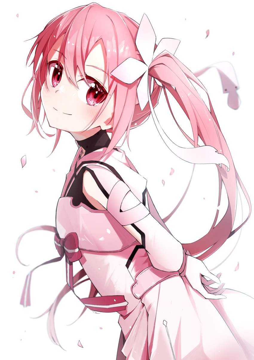 1girl, absurdres, armor, armored_dress, arms_behind_back, blush, cherry_blossoms, closed_mouth, comadori09, commentary_request, detached_sleeves, dress, floating_hair, from_side, hair_between_eyes, hair_ornament, highres, leaning_forward, long_hair, pink_hair, red_eyes, red_ribbon, ribbon, side_ponytail, smile, solo, striped_ribbon, very_long_hair, white_background, white_dress, white_sleeves, yuuki_yuuna, yuuki_yuuna_wa_yuusha_de_aru, yuusha_de_aru