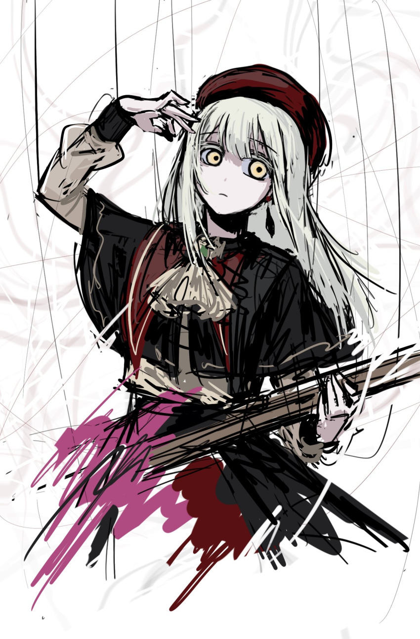 1girl, ascot, bang_dream!, bang_dream!_it's_mygo!!!!!, beret, black_capelet, capelet, commentary