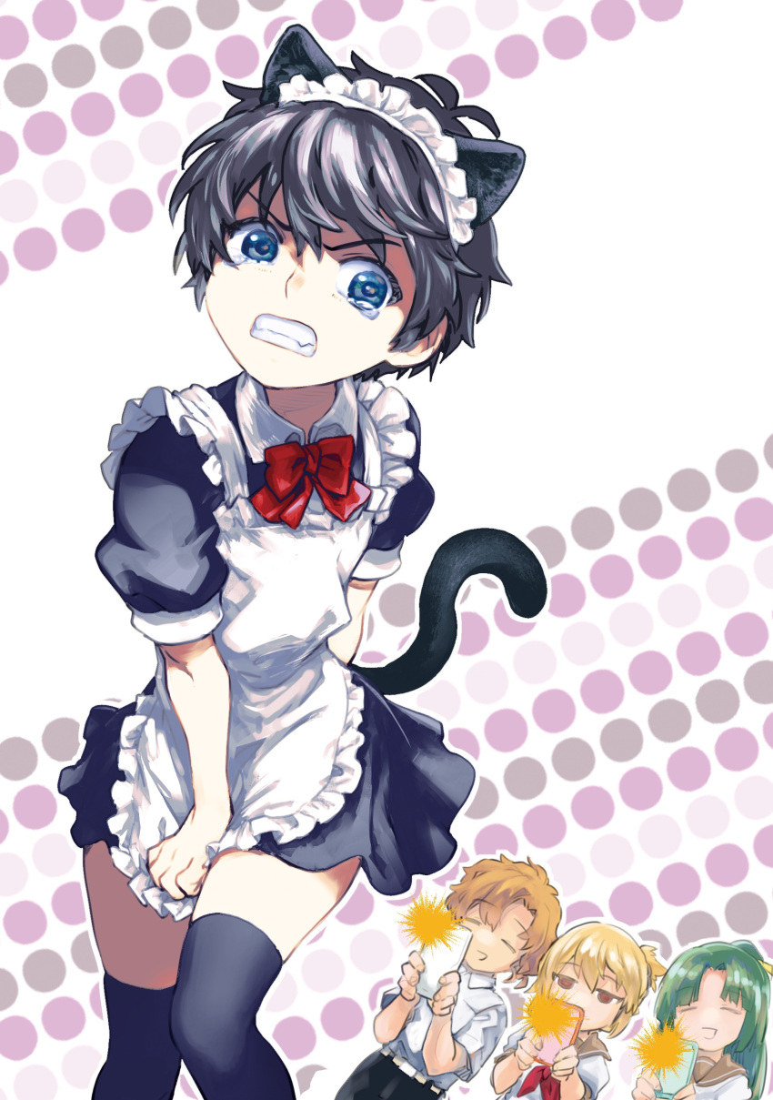 2boys, 2girls, absurdres, animal_ears, apron, black_hair, black_thighhighs, blonde_hair