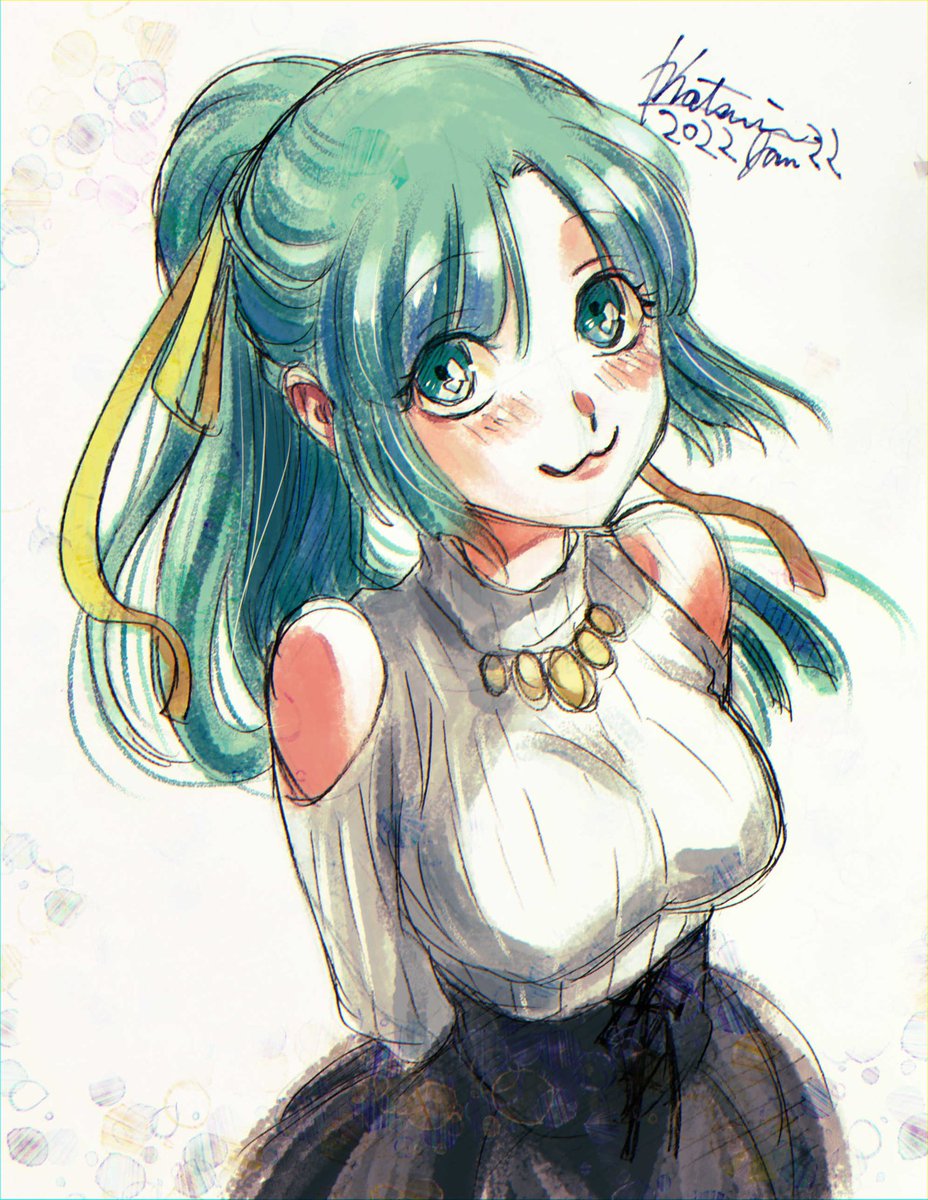 1girl, artist_name, black_skirt, bow, green_eyes, green_hair, highres, higurashi_no_naku_koro_ni, higurashi_no_naku_koro_ni_rei, looking_at_viewer, natsumi_kei, ponytail, skirt, solo, sonozaki_tamaki, sweater, white_background, white_sweater
