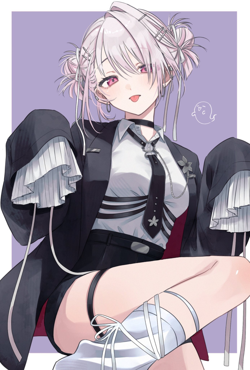 black_choker, black_necktie, breasts, choker, commentary_request, highres, long_sleeves, looking_at_viewer, maru_ru2020, necktie, shiina_yuika, shiina_yuika_(14th_costume), thigh_strap, thighs, tongue, tongue_out