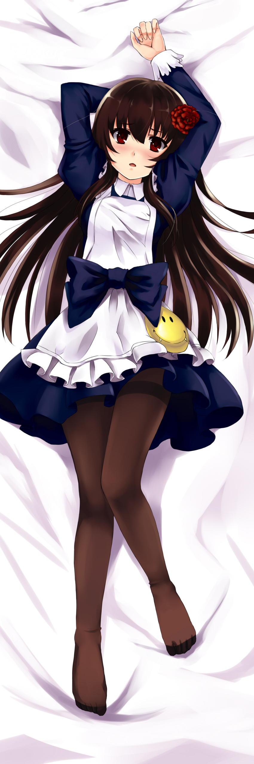 absurdres, aoki_hagane_no_arpeggio, apron, arm_up, black_legwear, blush, bow, brown_hair