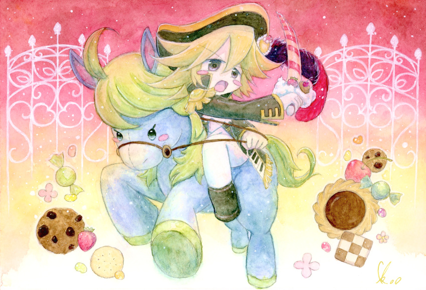 aotake_tomo, black_coat, blonde_hair, blush_stickers, candy, checkerboard_cookie, coat, commentary_request