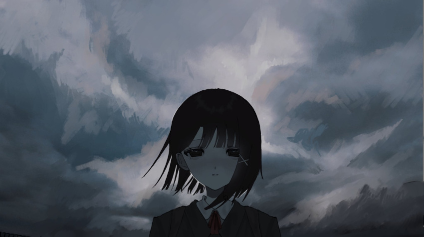 1girl, black_jacket, blush, bow, brown_eyes, brown_hair, closed_mouth, clouds, cloudy_sky, collared_shirt, hair_between_eyes, hair_ornament, highres, iwakura_lain, jacket, looking_at_viewer, red_bow, serial_experiments_lain, shirt, short_hair, sky, solo, somnia_2, upper_body, x_hair_ornament