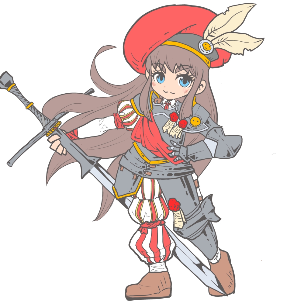 1girl, armor, blue_eyes, boots, brown_boots, brown_hair, empire_(warhammer_fantasy), hat