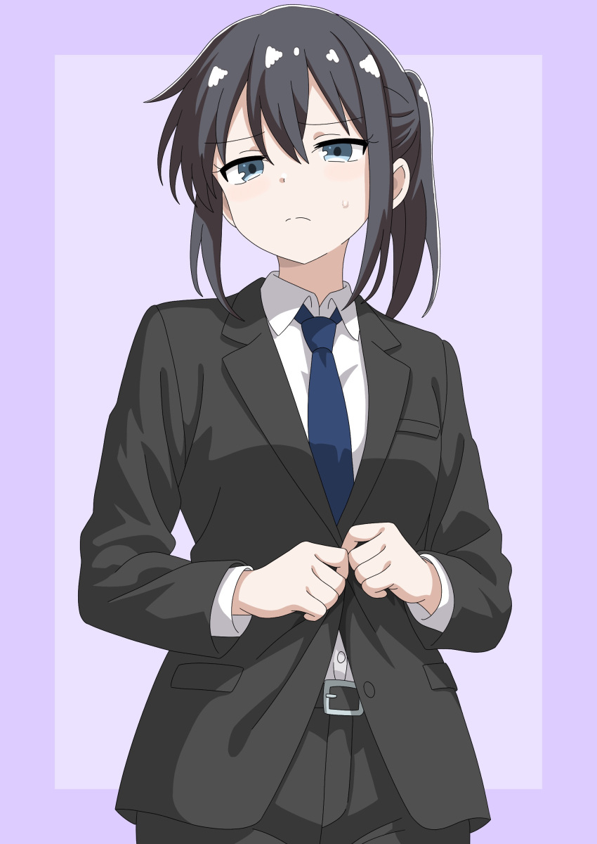 1girl, absurdres, black_hair, black_jacket, blue_eyes, blue_necktie, blush, closed_mouth, collared_shirt, commentary_request, cowboy_shot, hair_between_eyes, highres, jacket, jin_1116, long_sleeves, looking_at_viewer, matazoro., musumi_tomoe, necktie, ponytail, purple_background, shirt, simple_background, solo, suit, white_shirt