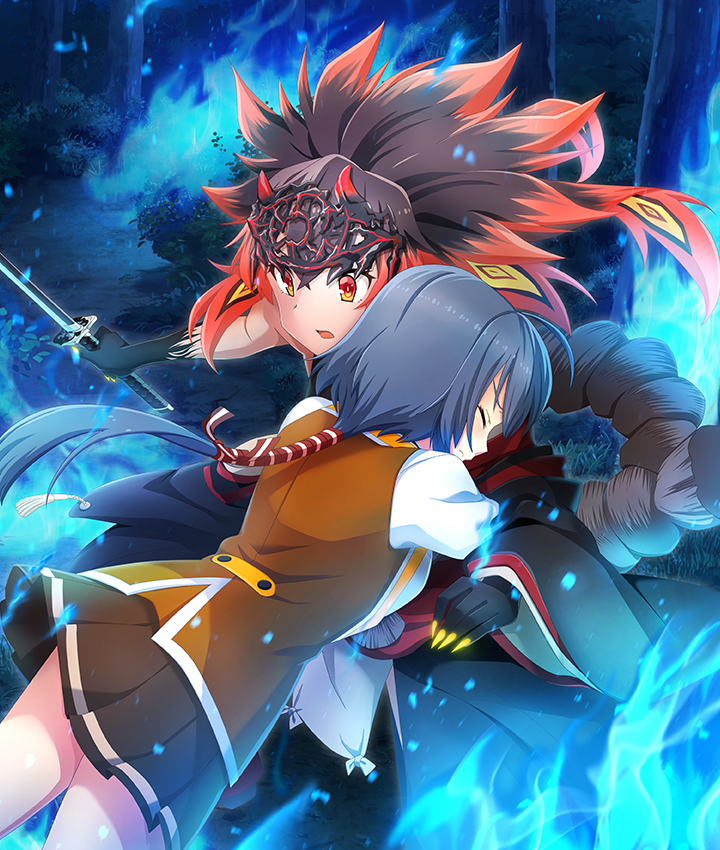 2girls, asakura_mihono, black_hands, black_kimono, blue_fire, blue_hair, brown_hair, brown_skirt, brown_vest, claws, closed_eyes, colored_extremities, eye_in_hair, fire, forehead_protector, forest, game_cg, hair_ribbon, holding, holding_sword, holding_weapon, hug, japanese_clothes, katana, kimono, long_hair, low_ponytail, multicolored_hair, multiple_girls, nature, night, official_art, open_mouth, osafune_girls_academy_school_uniform, outdoors, path, ponytail, red_eyes, red_hair, red_ribbon, ribbon, rope, school_uniform, setouchi_chie, shimenawa, shirt, skirt, striped_ribbon, sword, third-party_source, toji_no_miko, toji_no_miko:_kizamishi_issen_no_tomoshibi, two-tone_hair, very_long_hair, vest, weapon, white_shirt