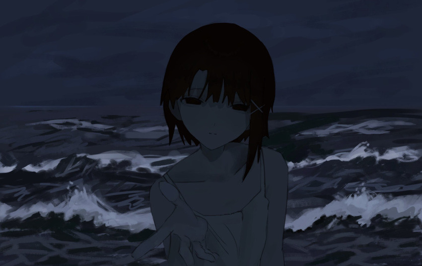 1girl, blush, brown_eyes, brown_hair, camisole, closed_mouth, clouds, cloudy_sky