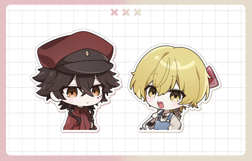 blonde_hair, blue_overalls, brown_eyes, brown_hair, bungou_stray_dogs, chibi, cloak, closed_mouth