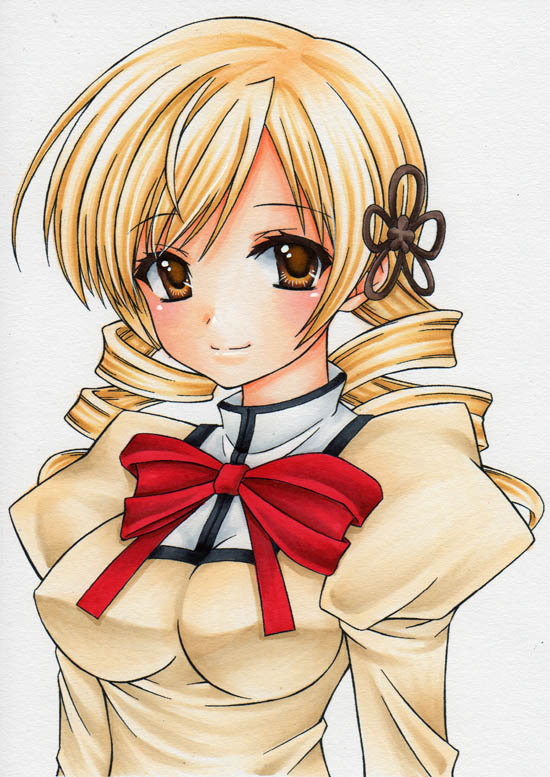 blonde_hair, blush, breasts, bust, drill_hair, hair_ornament, mahou_shoujo_madoka_magica, marker_(medium)