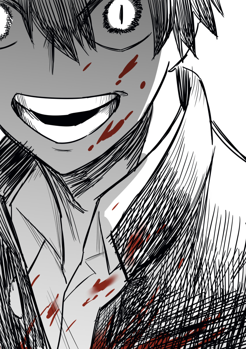 1boy, absurdres, black_hair, blood, blood_on_clothes, blood_on_face, blood_splatter, crazy_eyes, crazy_smile, hair_between_eyes, highres, looking_at_viewer, male_focus, masa_aoiro, messy_hair, monochrome, nanaya_shiki, open_mouth, school_uniform, shaded_face, shirt, short_hair, sketch, smile, tohno_shiki, tsukihime, tsukihime_(remake)