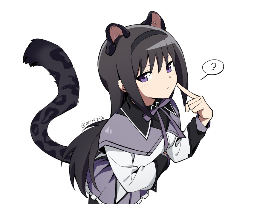 1girl, ?, akemi_homura, akemi_homura_(magical_girl), animal_ears, ban45601, black_eyes, black_hair
