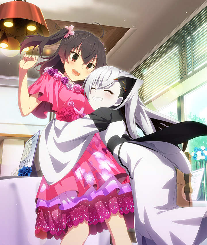 2girls, :d, ^_^, ahoge, asakura_mihono, bare_shoulders, black_hair, black_robe