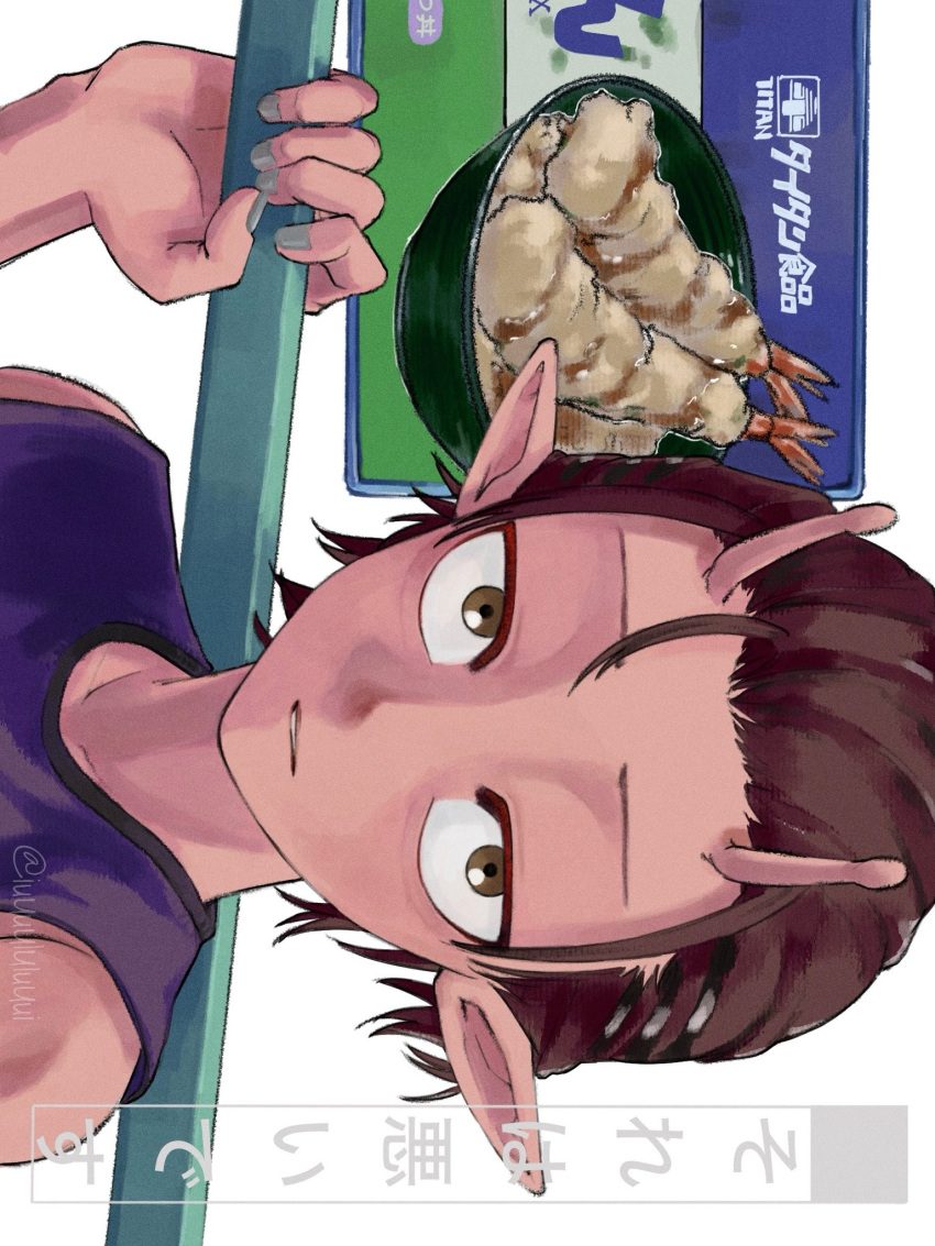 colored_skin, commentary_request, fingernails, food, hair_slicked_back, highres, holding, iwao_kanata, male_focus, milky_galactic_universe, milky_subway, parted_lips, pointy_ears, poster_(object), purple_shirt, red_skin, shirt, shrimp, shrimp_tempura, simple_background, sleeveless, solo, tempura, ului, upper_body, watermark, white_background